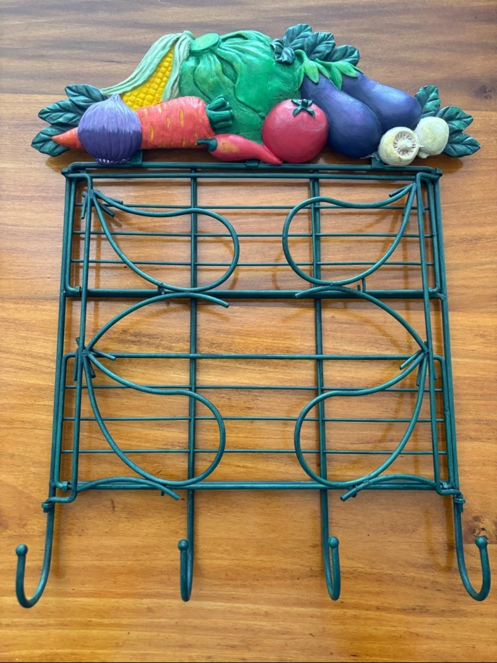 Kitchen Wall Hook Shelf with Colorful Vegetable Accent, Green Metal, Collapsible
